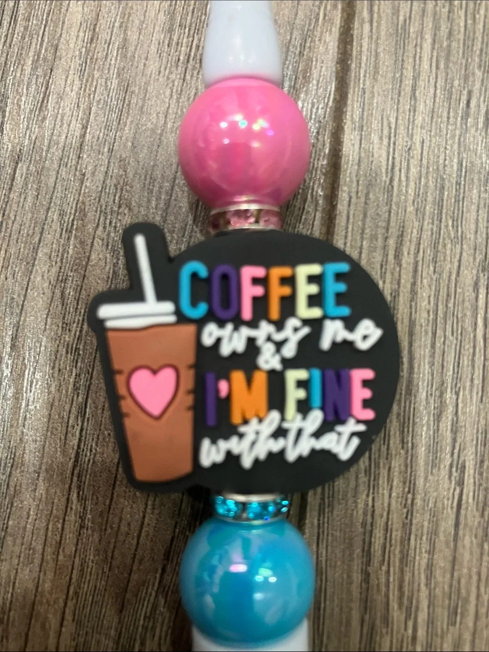 Hand beaded “coffee owns me” pen. Pink & blue beads. Create a pen bundle & save.
